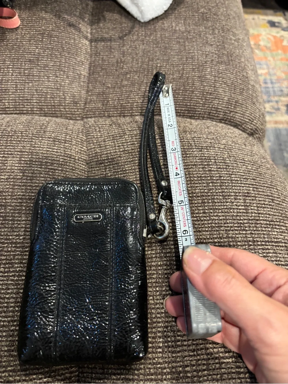 Coach Glossy Black Patent Leather Wristlet Phone Pouch with Strap